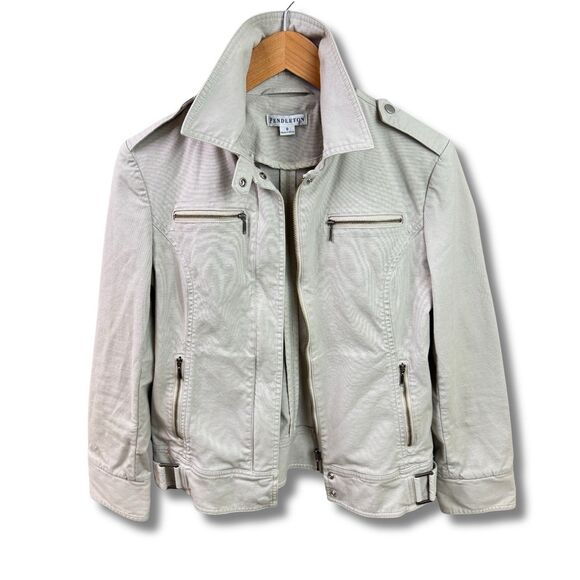Pendleton Utility Jacket Beige Womens Sz 6 Cotton Blend Military Epaulettes Zip - Picture 3 of 13